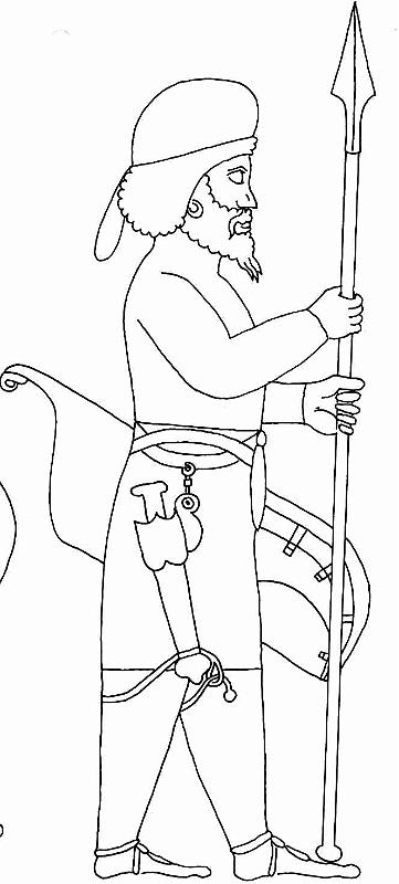 Grundform 'medische' Tracht (Persep)T20A2.JPG - Die wohl ursprünglich skythische, dann medische und auf die persische Zentralreiterei übergegangene Tracht ist das enganliegende Ganzkörpertrikot (Anaxyrides), darüber der gegürtete Ärmelrock (Sarapis), dazu die halbrund aufgestellte Tiara. Ihr Kamm konnte auch seitwärts herunterhängen. Die Waffen sind die Bogentasche (Goryt) mit zwei Sigmabögen und Pfeilen, das Kurzschwert (Akinakes) in einer Scheide sowie die Lanze. Goryt und Akinakes hängen jeweils an einem separaten Gürtel. Dazu konnte noch der mit Ärmeln versehene Mantel (Chlamys) umgehängt werden. Wie andere Abbildungen und Textüberlieferungen zeigen, waren die Kleidungsstücke bunt gemustert und oftmals aufwändig appliziert.